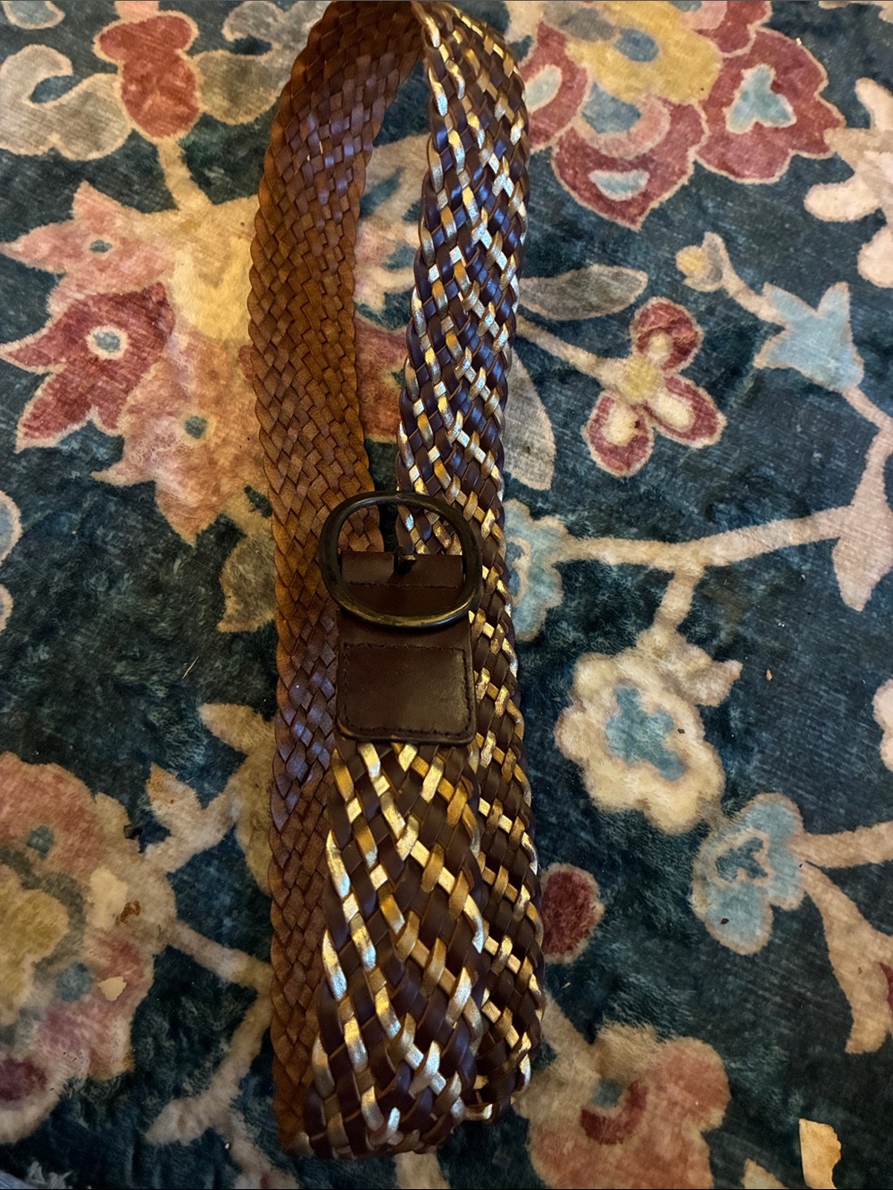 Woven Brown Leather Belt with Metallic Accents